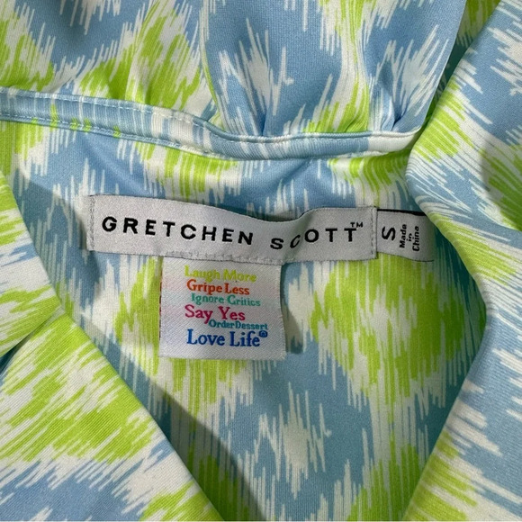 Gretchen Scott Ruffleneck Sleeveless Dress Lime Periwinkle Geo Print - Picture 3 of 5